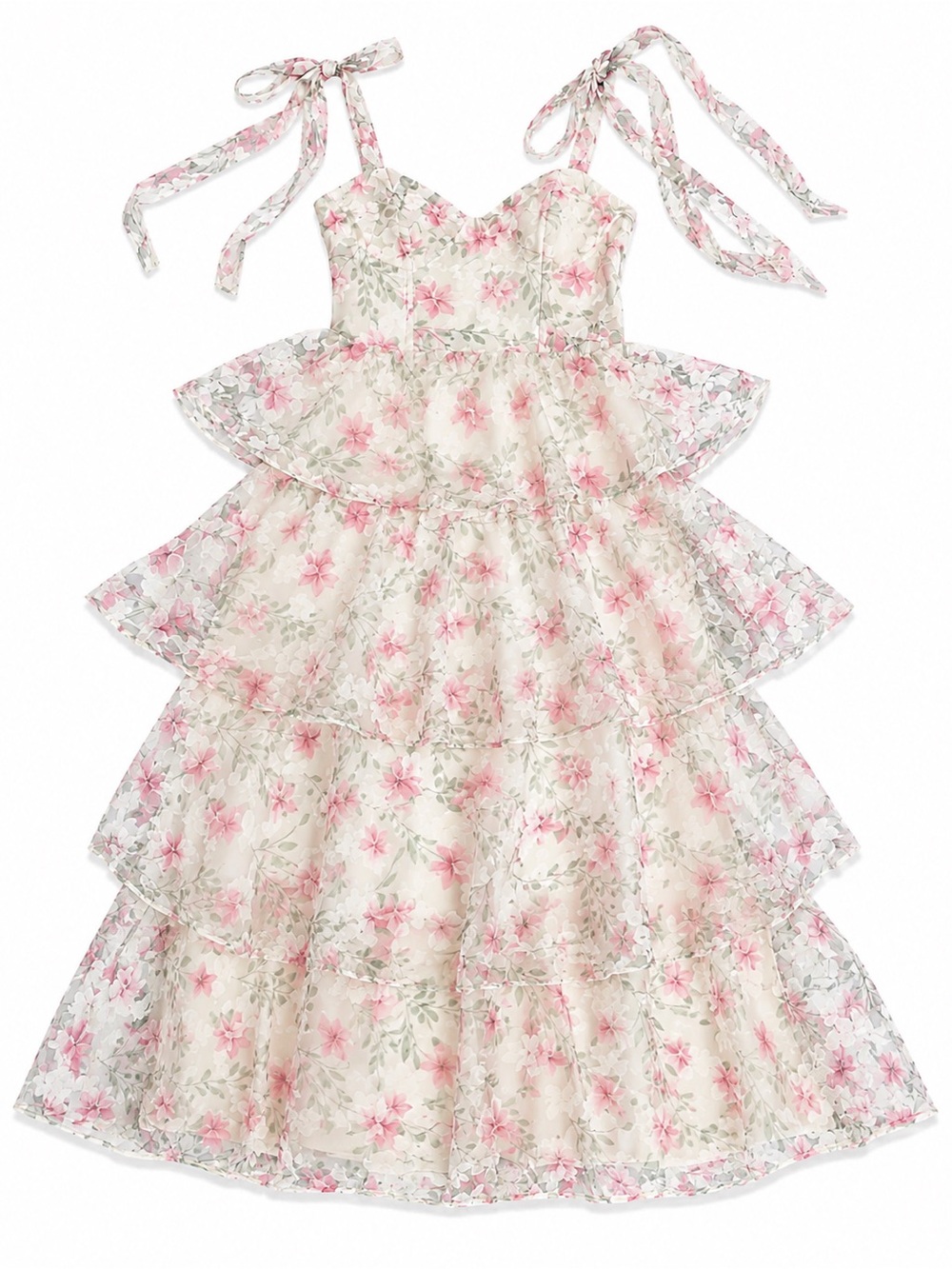 Lulus Summer Invite Blush Pink Floral Tie Strap Tiered Midi Dress M